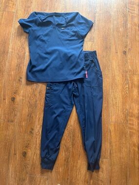 koi Navy Blue Scrub Top and Jogger Pants Set